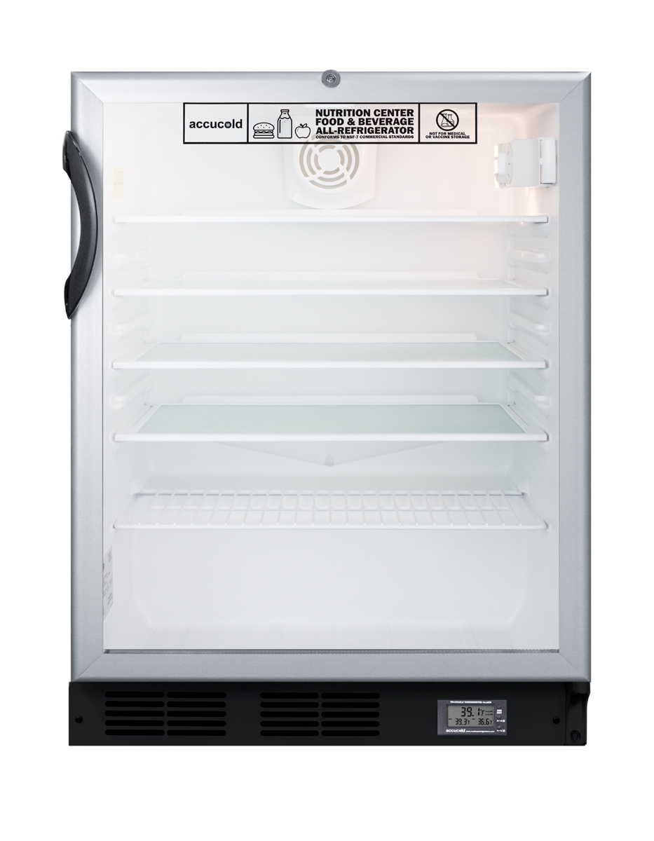 Commercially approved ADA compliant Nutrition Center series glass door all-refrigerator for built-in or freestanding use, with front lock and digital temperature display